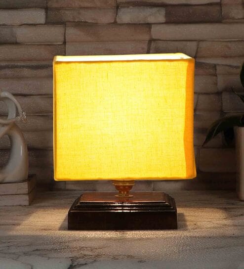 Yellow Shade Table Lamp With Wood Base By New Era