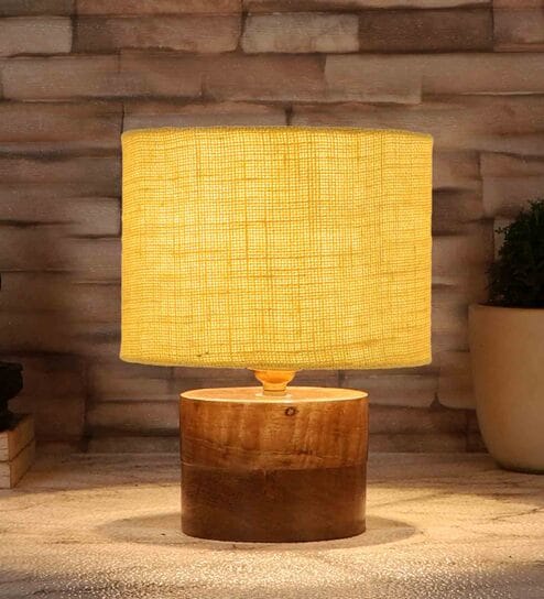 Yellow Shade Table Lamp With Wood Base By New Era