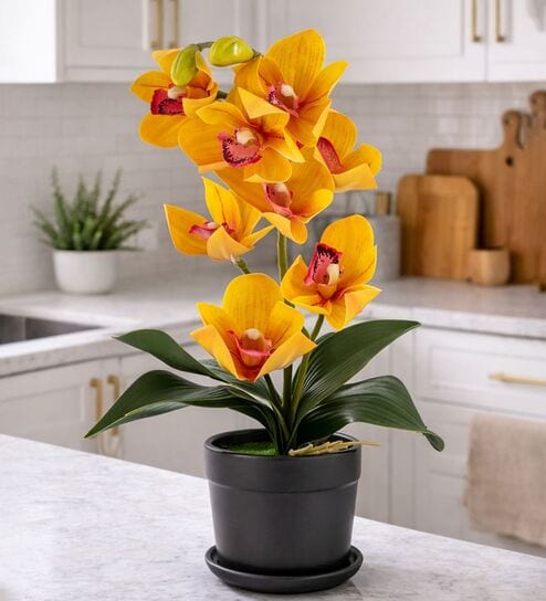 Yellow Silk Fabric Coral Luxe Orchid Arrangement Pot With Flower