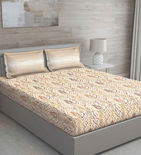 Yellow Traditional 144 TC Cotton Queen Sized Bed Sheets with 2 Pillow Covers by GM Fabrics