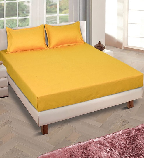 Yellow Solid 150 TC Glace Cotton Queen Sized Double Bedsheet with 2 Pillow Covers