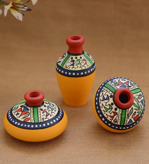 Buy Yellow Warli Handpainted Decorative Terracotta Vase Set Of 3