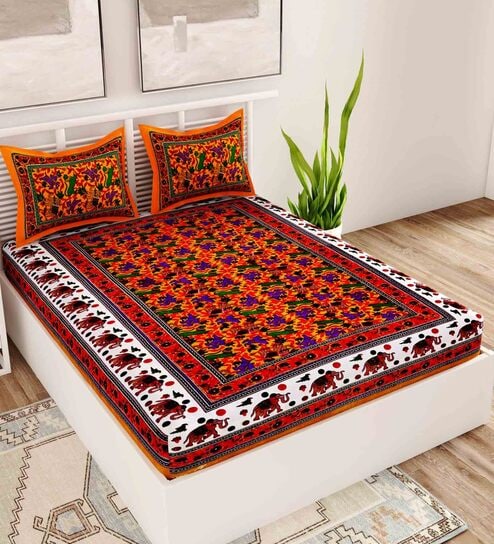 Muticolor Traditional 120 TC 100% Cotton Queen Bedsheet With 2 Pillow Covers