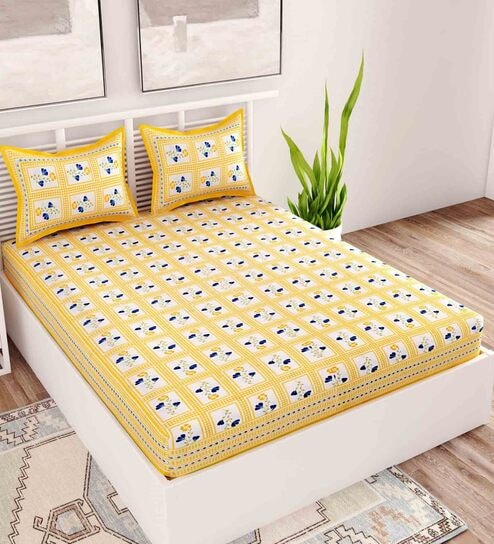 Yellow Floral 120 TC 100% Cotton Queen Bedsheet With 2 Pillow Covers