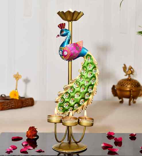 Multicolor Metal Peacock Tea Light Holder