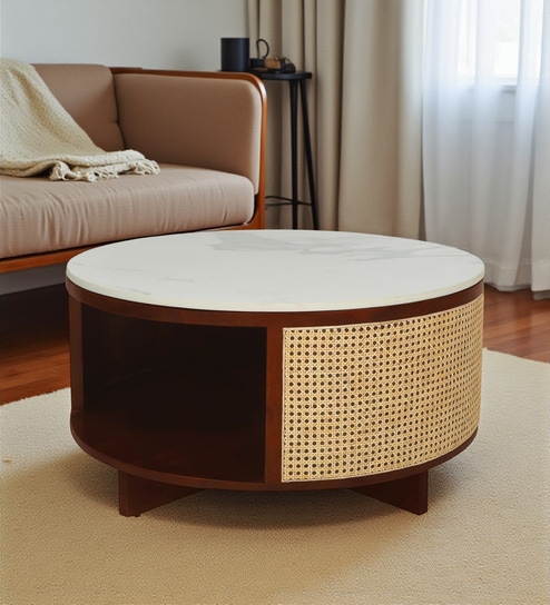Yesemia Mango Wood Coffee Table In Honey Oak Finish With Porcelain Top