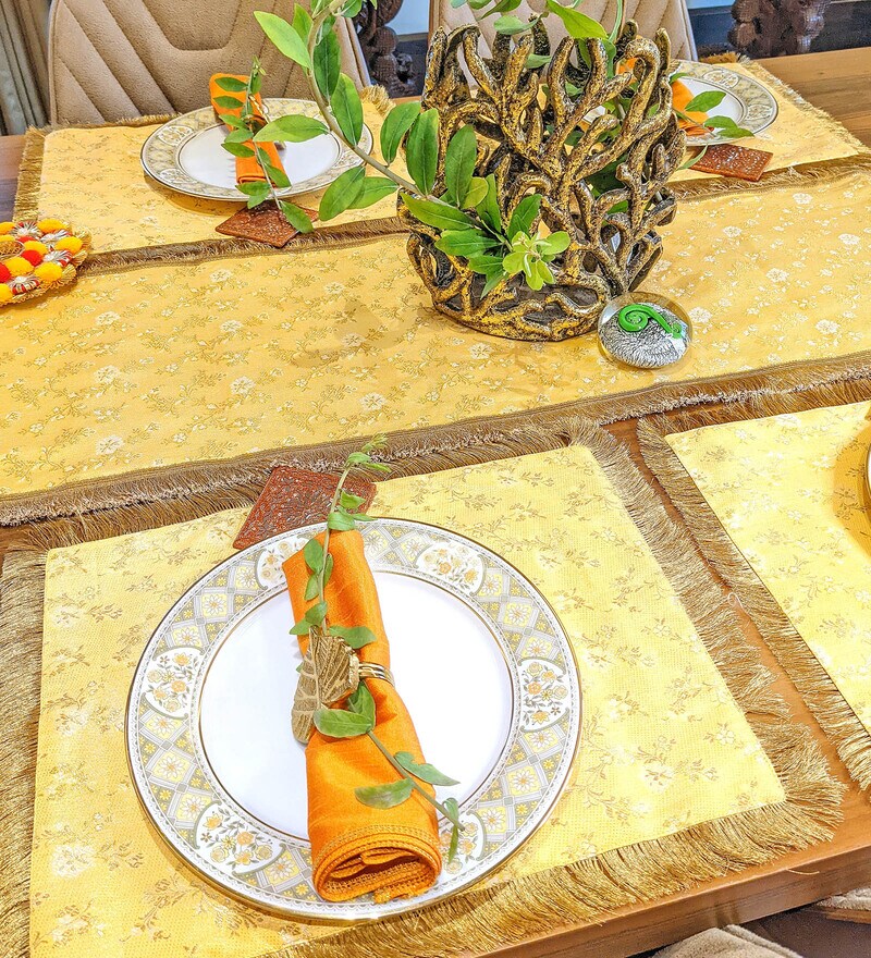 Buy Yellow & Orange Silk 41 Pcs (12 Seater) Table Linen Set by VPOP
