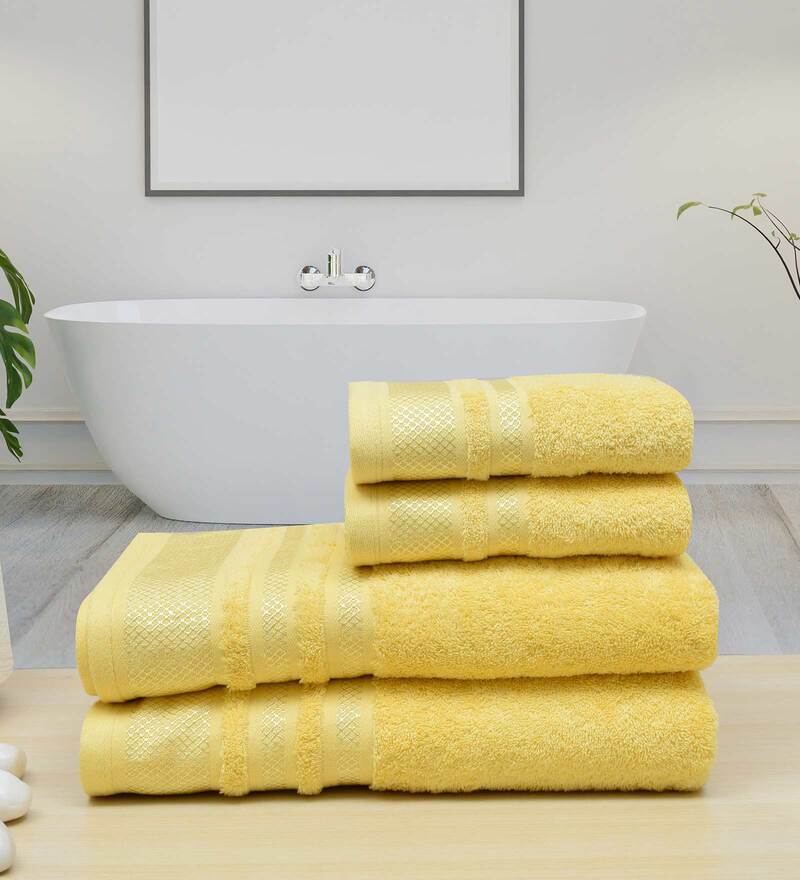 Buy Yellow 650 GSM Cotton 4 Pieces Towel Set by Rangoli Online Solid Colour Towels Sets
