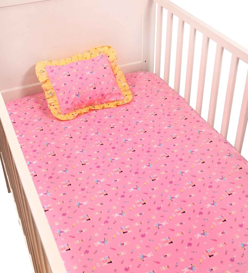 Buy Pink Abstract Rabbit Print Cotton Baby Cot Sheet with 1 Pillow