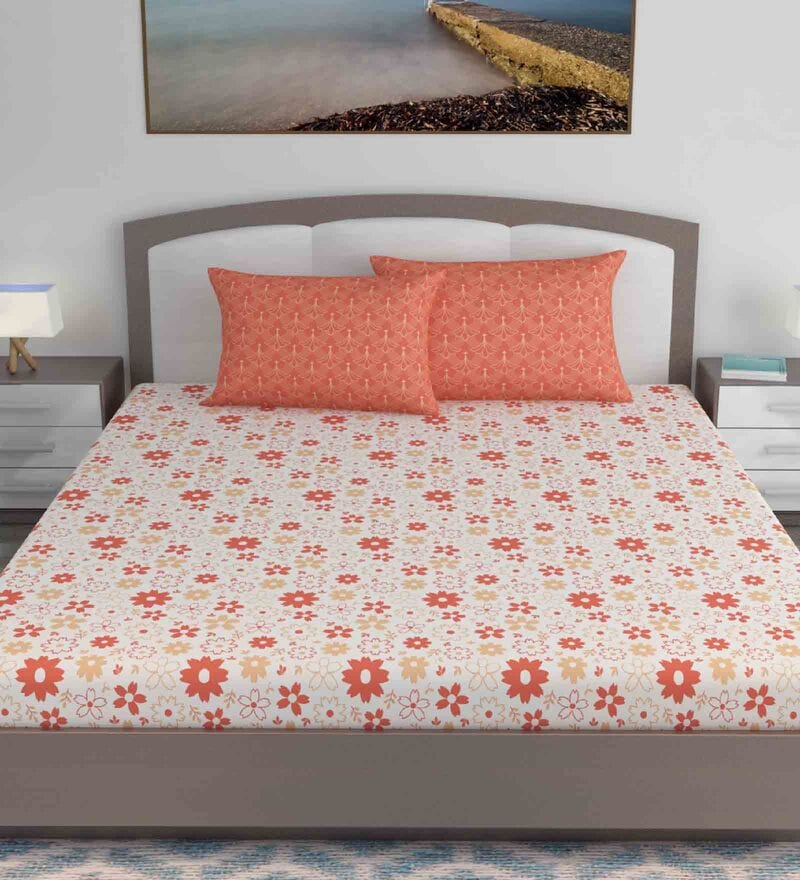 Buy Coral Floral 144 Tc Cotton King Sized Bed Sheets With 2 Pillow