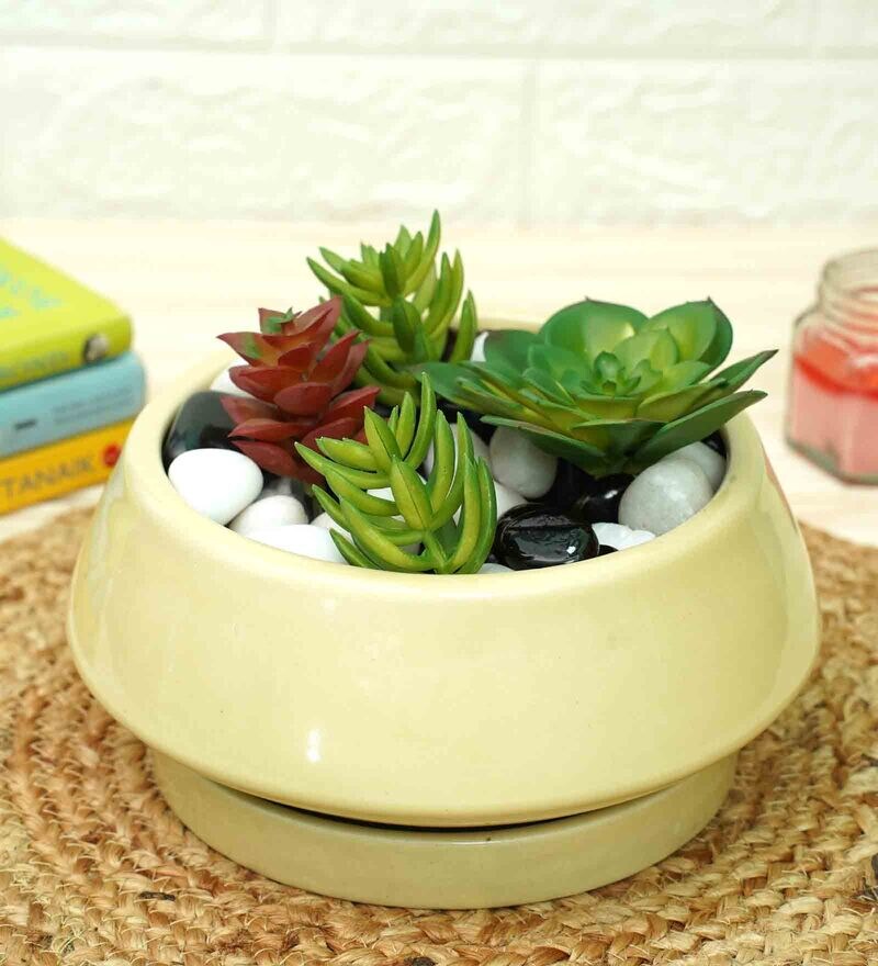 Buy Yellow Ceramic Floor Planter By Gold Dust Online Floor Planters