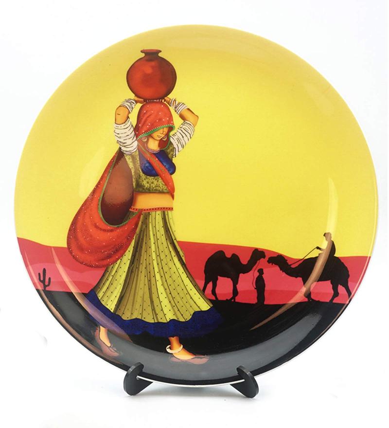 Buy Yellow Ceramic Rajasthani Nomad Girl Decorative Plate Showpiece By