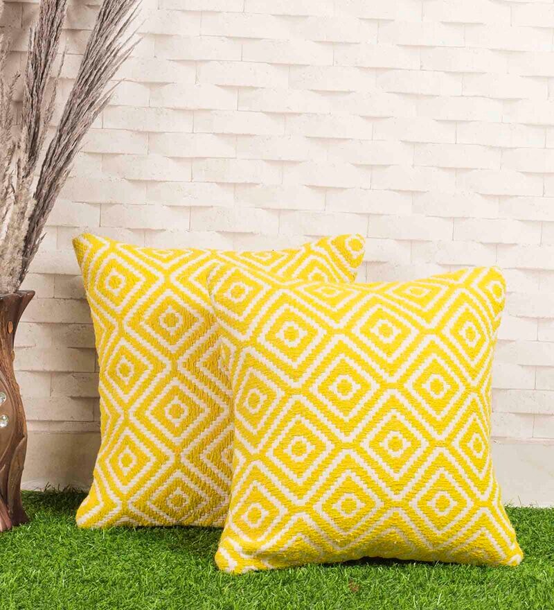 Buy Yellow Cotton Abstract 16x16 inches Cushion Cover by Kravika Online Nature Print Cushion