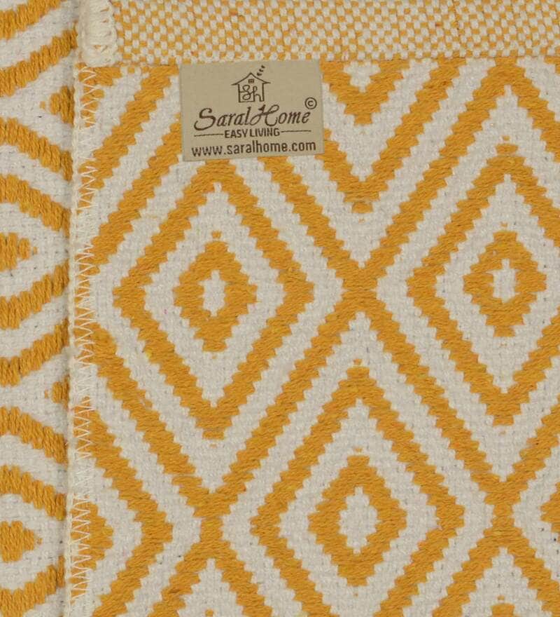 Buy Yellow Cotton 2 ft x 4 ft Hand Woven Dhurrie by Saral Home Online Cotton Dhurries