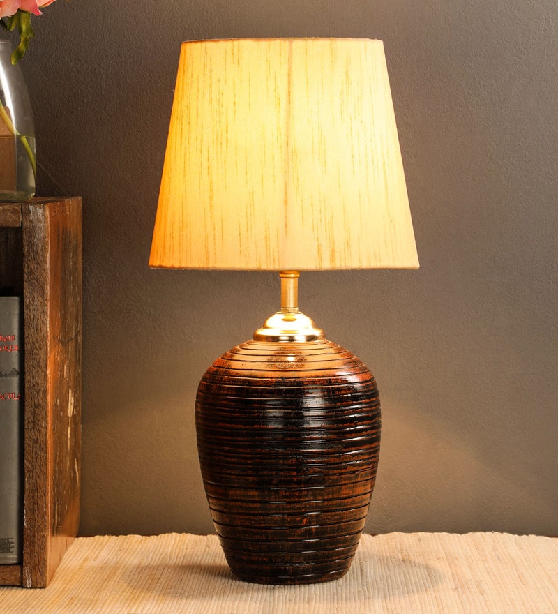 Buy Yellow Fabric Shade Table Lamp with Brown Base by Foziq Online