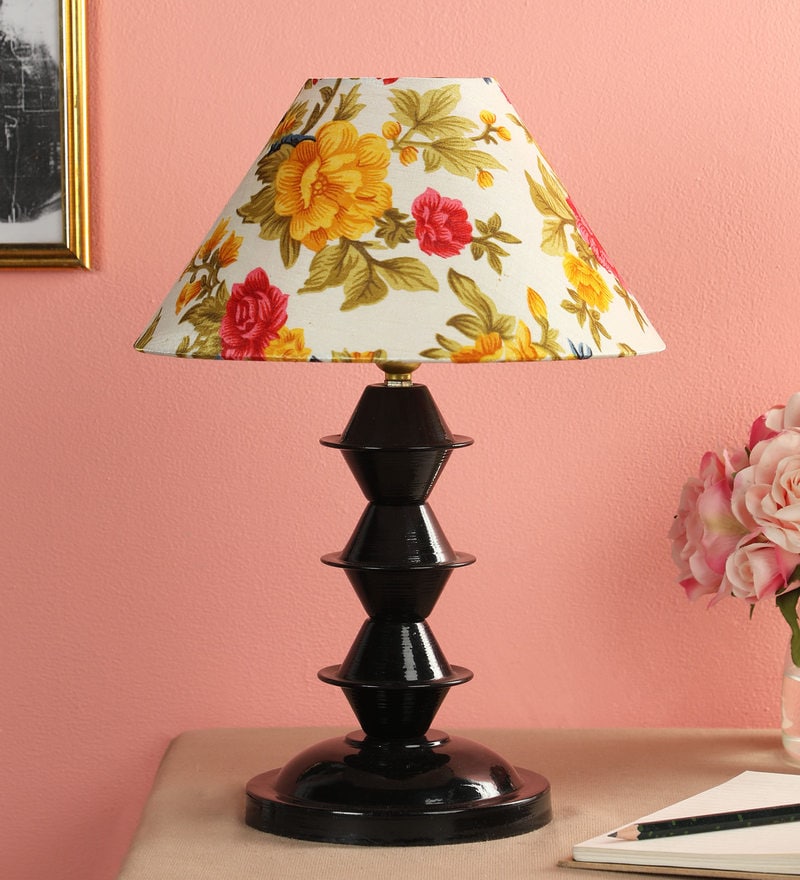 Buy Yellow Fabric Shade Table Lamp with Black Base by Foziq Online