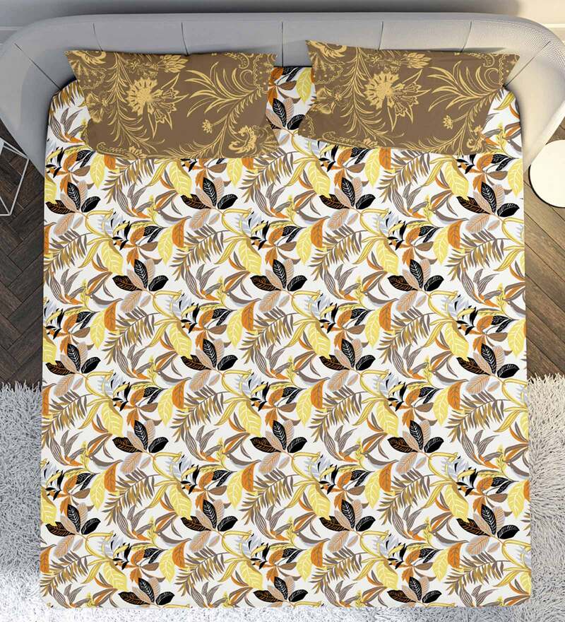 Buy Yellow Floral 144 TC Cotton Double Bedsheet With 2 Pillow covers by