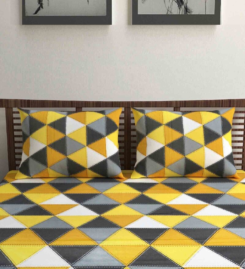 Buy Yellow Geometric 144 TC Cotton Queen Sized Bed Sheets with 2 Pillow