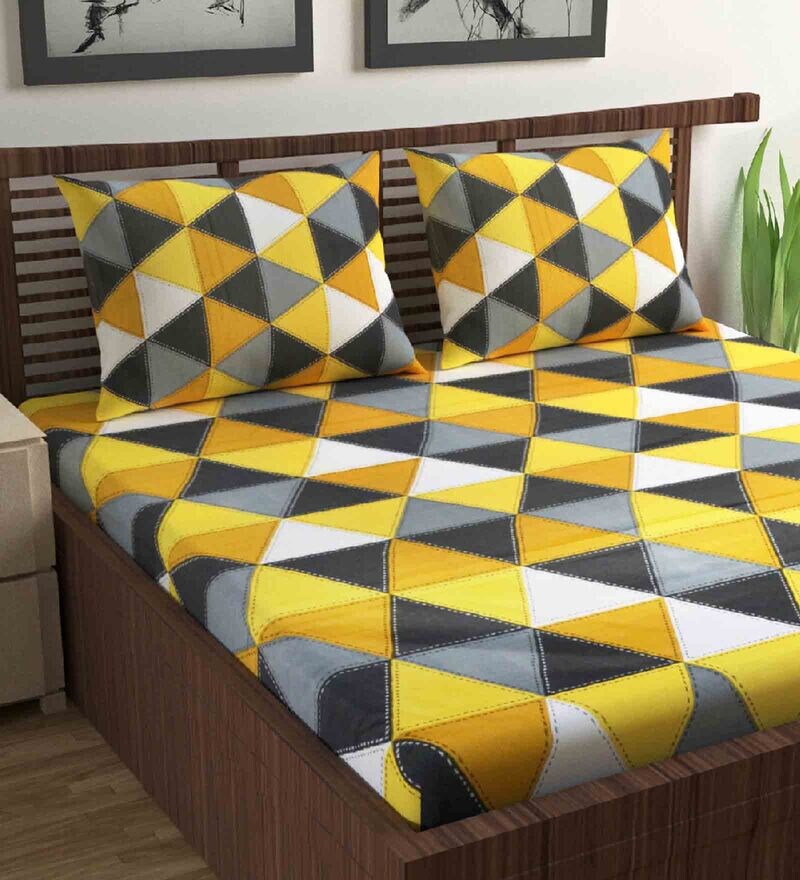 Buy Yellow Geometric 144 TC Cotton Queen Sized Bed Sheets with 2 Pillow