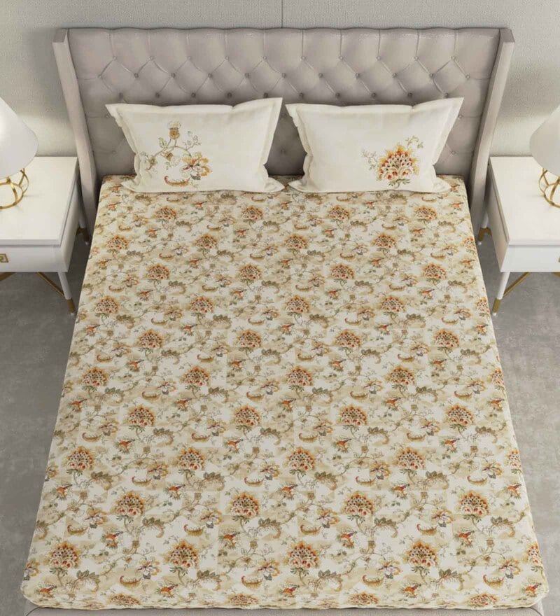 Buy Yellow Floral 144 TC Cotton Queen Sized Bedsheet with 2 Pillow