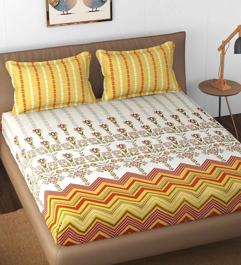 Buy Yellow Floral 210 TC Cotton King Size Fitted Bedsheet With 2 Pillow