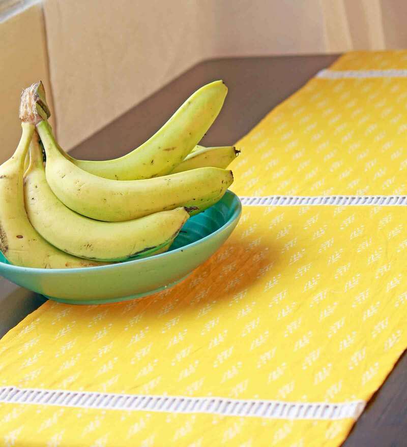 Buy Yellow Floral Cotton 72X14 Inches Table Runner by Fundane Studio