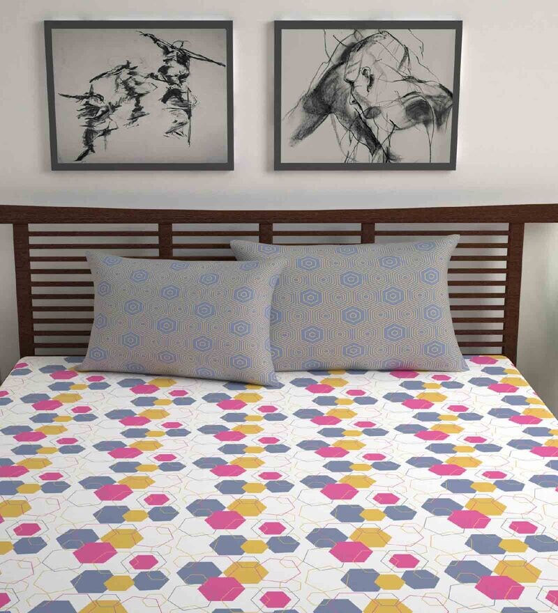 Buy Multicolor Geometric 144 TC Cotton Double Size Bedsheet with 2