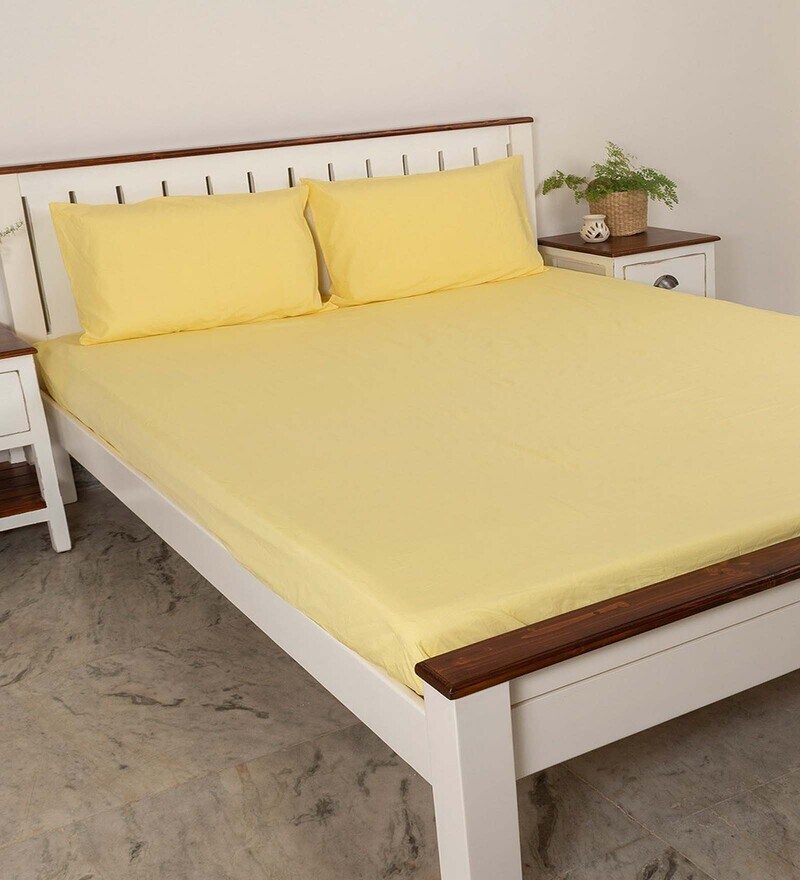 Buy Yellow Solid 210 TC Cotton 1 King Size Fitted Bedsheet With 2