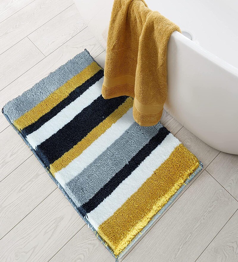 Buy Yellow Striped Microfiber 24x16 Inches Bath Mat by ROSEATE Online Geometric Bath Mats