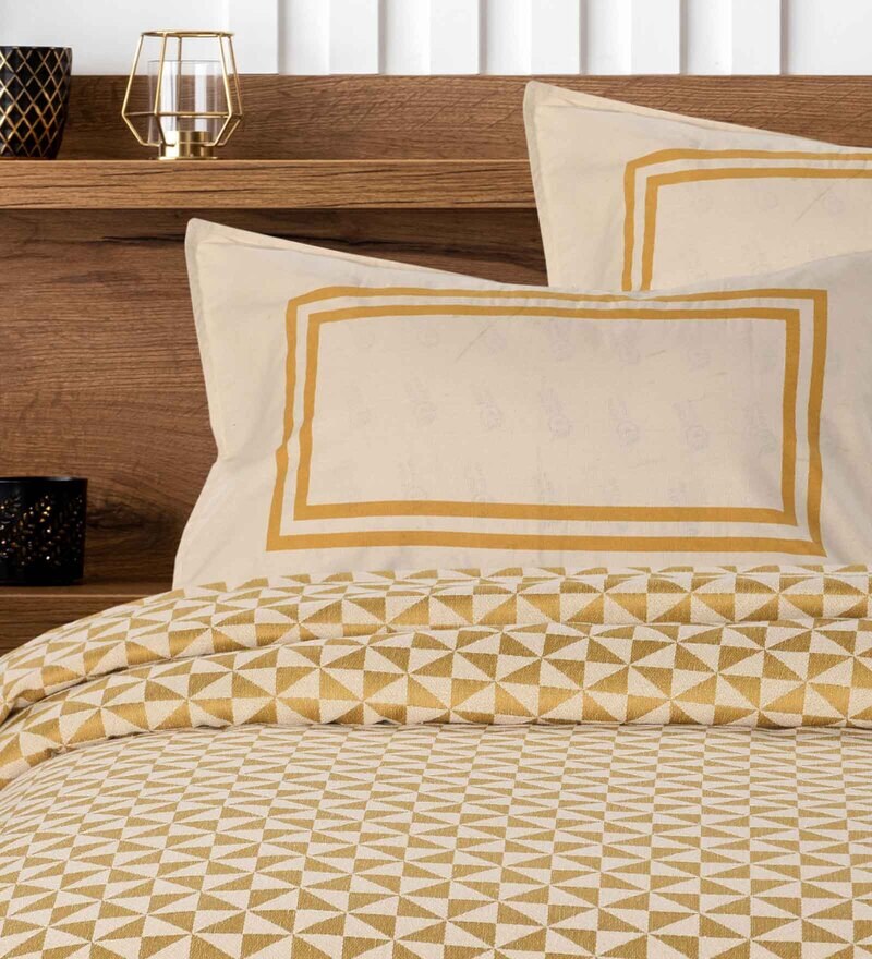 Buy Yellow Geometric 144 TC 100 Cotton Double Bedsheet with 2 Pillow Covers by Saral Home