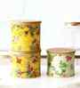 Yellow & Beige Floral Printed Metal Airtight Containers Set Of 3