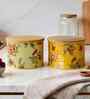 Yellow & Beige Floral Printed Metal Airtight Containers Set Of 3