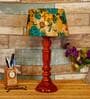Shiny Yellow & Green Fabric Shade Night Lamp With Wood Base