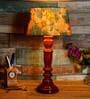 Shiny Yellow & Green Fabric Shade Night Lamp With Wood Base