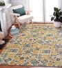 Yellow & Teal Block Print Polyester 4 ft x 6 ft Machine Made Carpet