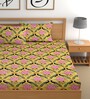Yellow 180 TC Floral Cotton Fitted Double Bedsheet 2 Pillow covers