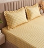 Yellow Checkered Polycotton Double King Fitted Bedsheet With 2 Frill Pillow Covers