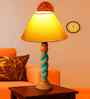 Yellow Cotton Table Lamp With  Wood  Base 10X19 Inches