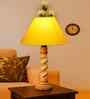 Yellow Cotton Table Lamp With  Wood  Base 10X19 Inches