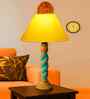 Yellow Cotton Table Lamp With  Wood  Base 10X19 Inches
