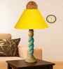Yellow Cotton Table Lamp With  Wood  Base 10X19 Inches
