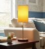 Yellow Cylinder Fabric Shade Table Lamp, Brown Wooden Base Bedside & Desk Light for Bedroom, Living Room & Home Decor
