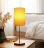 Yellow Cylinder Fabric Shade Table Lamp, Brown Wooden Base Bedside & Desk Light for Bedroom, Living Room & Home Decor