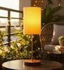 Yellow Cylinder Fabric Shade Table Lamp, Brown Wooden Base Bedside & Desk Light for Bedroom, Living Room & Home Decor