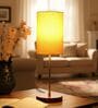 Yellow Cylinder Fabric Shade Table Lamp, Brown Wooden Base Bedside & Desk Light for Bedroom, Living Room & Home Decor