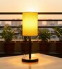 Yellow Cylinder Fabric Shade Table Lamp, Minimalist Bedside Lamp with Metal Base for Bedroom, Living Room & Study