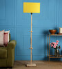 Traditional Yellow Fabric Shade Club Floor Lamp With Wood Base