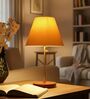 Yellow Fabric Shade Table Lamp, Brown Wooden Base Bedside & Desk Light for Bedroom, Living Room & Home Decor