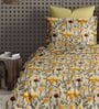 Yellow Floral 210TC Cotton Super King Sized Double Bedsheet with 2 Piping Pillow Covers