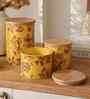 Yellow Floral Printed Metal Airtight Containers With Wooden Lids Set Of 3